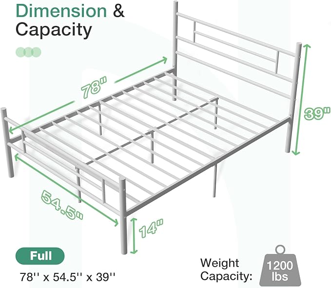 Novilla Full Size Bed Frame with Headboard and Footboard, 14 Inch Metal Platform Bed Frame with Under Bed Storage, No Box Spring Needed, Strong Metal Slats Support, White