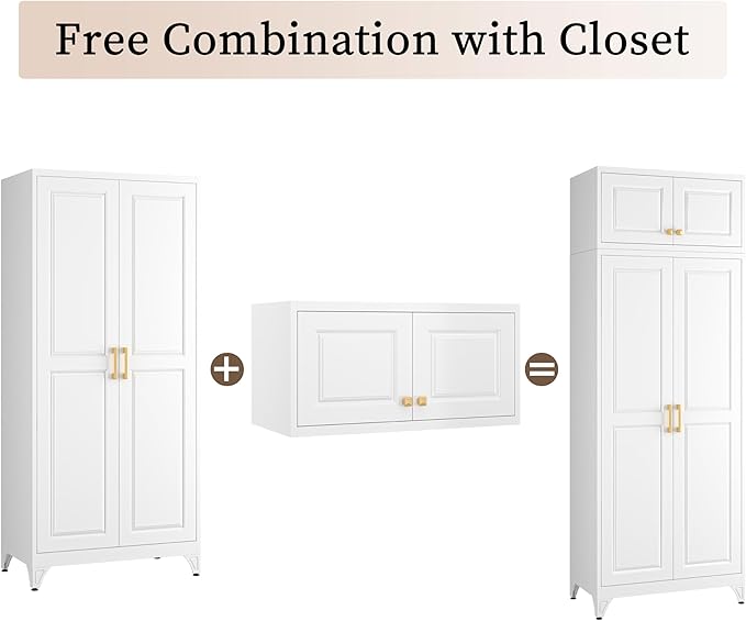 86" Metal Wardrobe Cabinets,Armoire Wardrobe Closet with Hanging Rod,Clothes Storage Cabinet with Adjustable Shelves and Doors,Clothing Cabinet for Bedroom, Laundry Room,Office