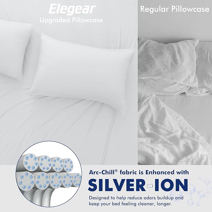 Elegear Cooling Pillow Cases for Hot Sleepers, Silver Infused Cooling Pillowcase Instantly Cool with Q-Max>0.5, Soft Silky Pillowcases for Hair & Skin, Zipper Anti Acne Pillowcase Set of 2-Queen,White