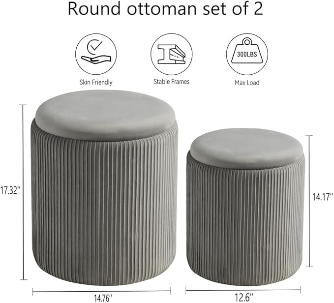 BLEXA Round Ottoman with Storage Set of 2-Upholstered Velvet Vanity Stool for Makeup Multifunctional Ottomans Coffee Table Padded Seat Foot Rest for Living Room&Bedroom(Light Grey-Upgrade Tray Lid)