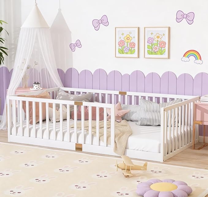 Bellemave Twin Size Montessori Floor Bed with 21.5" High Rails, Rubber Wood Twin Floor Bed with Slats, White