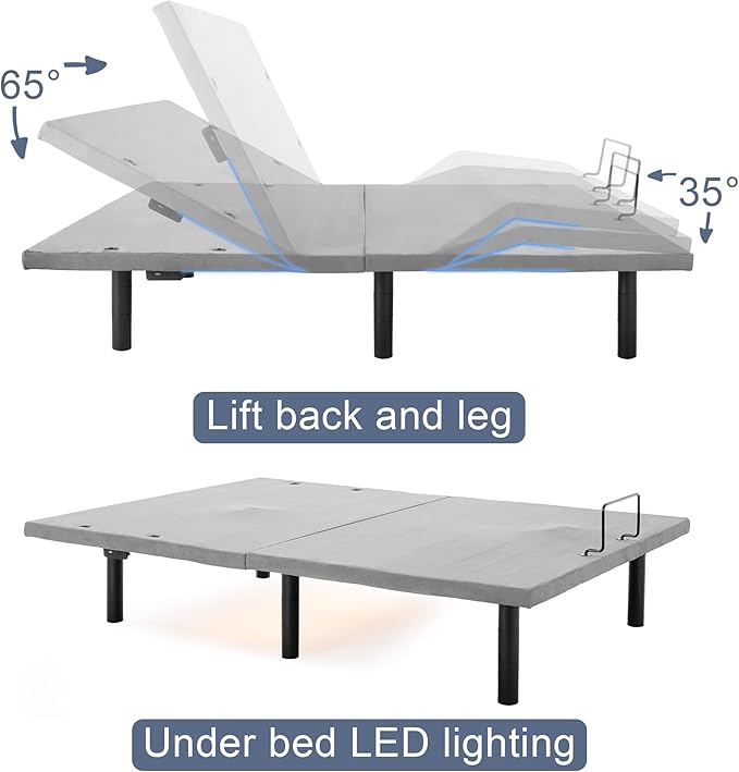 Fromann Adjustable Electric Full Bed Base Frame with Massage, USB Type-C Ports, Zero Gravity, Under Bed Led Lighting and Three Leg Height (Grey)