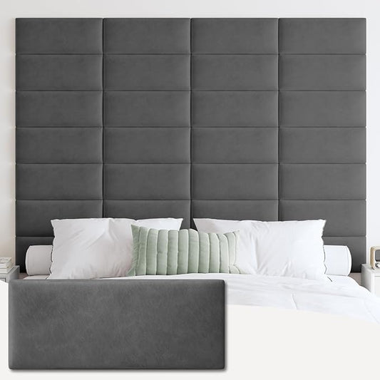 IFNOW Wall Mounted Upholstered Headboard King, 3D Peel and Stick Soundproof Panels, Reusable and Removable Padded Leather Bed Headboard, 12 Panels 9.84" x 23.62", Dark Grey