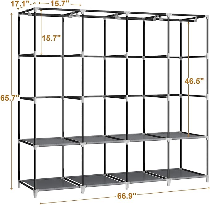 MOGELAFOO Portable Closet Wardrobe, 67-Inch Clothes Organizer with 4 Hanging Rods and 8 Shelves, Non-Woven Fabric Cover, Large Capacity Storage for Bedroom and Living Room, Grey