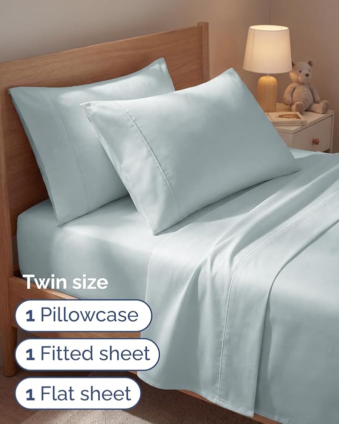 Twin 4 Piece Sheet Set - Comfy, Breathable & Cooling - Hotel Luxury Bedding for Women, Men, Kids, Teens and Children - 1 Flat & 1 Fitted Sheet & 2 Pillowcases w/ Deep Pockets - Wrinkle Free - Ice Blue