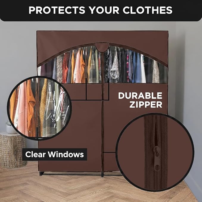 HOLDN’ STORAGE Portable Wardrobe Closet - 65 lb Large Capacity, Internal Heavy Duty Metal Rod, Zipper & Clear Window, Durable Clothes Organizer, Tool-Free Easy Assembly, Brown Canvas Cover