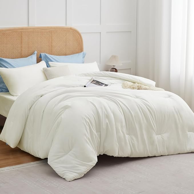 CozyLux Full Size Comforter Set Ivory, 3 Pieces Solid Breathable Quilted Bedding Sets, Luxury Lightweight Soft Bed Set with Down Alternative Comforter and 2 Pillowcases for All Seasons