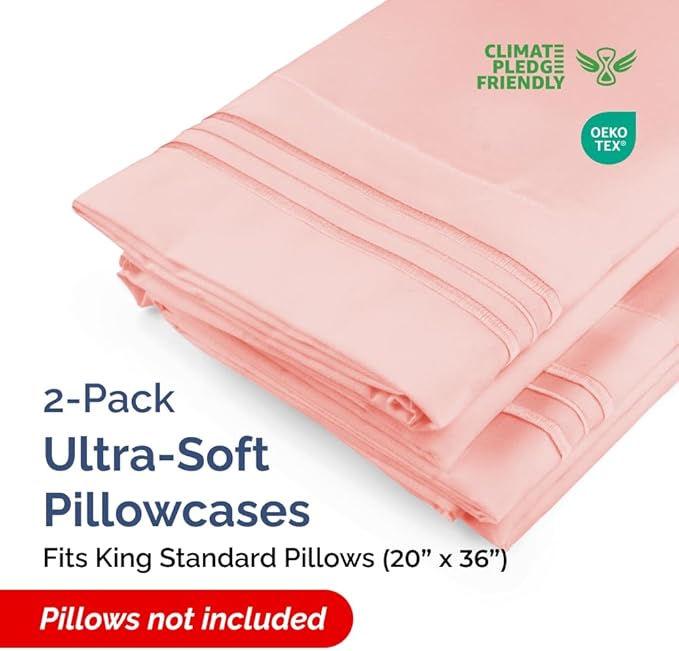 King Standard Pillow Cases Set of 2 - Ultra-Soft Hotel Quality Pillowcase Covers - Comfy, Cozy & Fade Free - Wrinkle Resistant - Machine Washable Pillow Protectors - 2 Piece Set - Baby Pink