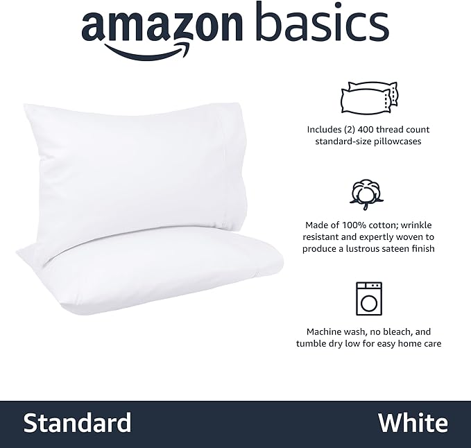 Amazon Basics 400 Thread Count Cotton Pillowcases, Standard, 30" L x 20" W, White - Set of 2, Pillows Not Included (Pack of 2)