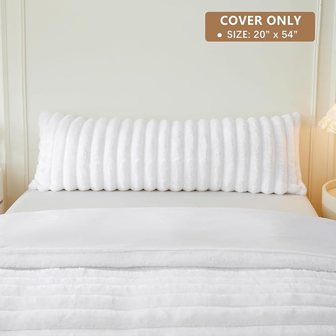 MEGO Fluffy Faux Rabbit Fur Body Pillow Cover, Soft Plush Fuzzy Wide Striped 20x54 Zippered Body Pillowcase, Decorative Shaggy Furry Bedroom Long Pillow Cover for Pregnant Women Side Sleeper, White