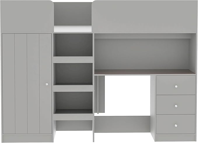 Harper & Bright Designs Full Size Loft Bed with Desk, Wood Full Loft Bed Frame with Built-in Wardrobe, Storage Shelves and Drawers, Gray