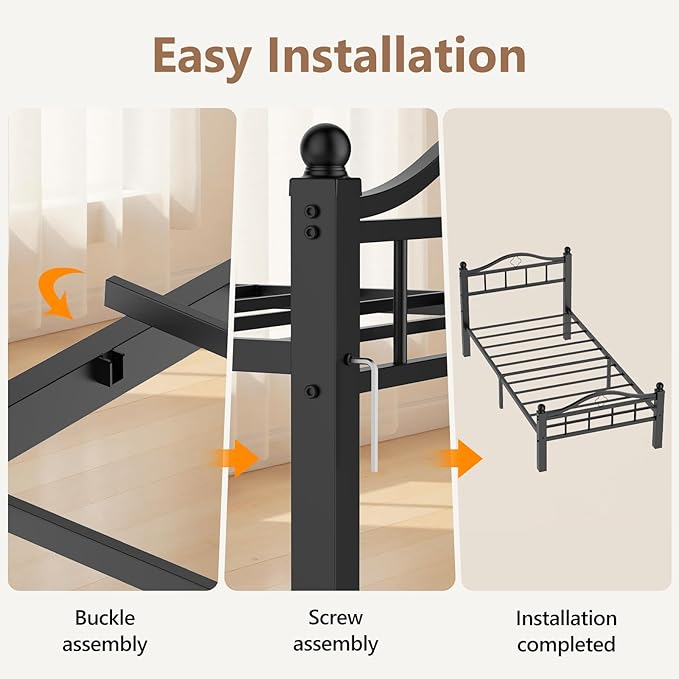 Metal Twin XL Bed Frame, Black, No Squeak Heavy-Duty 1500lbs Support & 12" Clearance Storage Tool-Free Setup in 30 Mins No Box Spring Needed