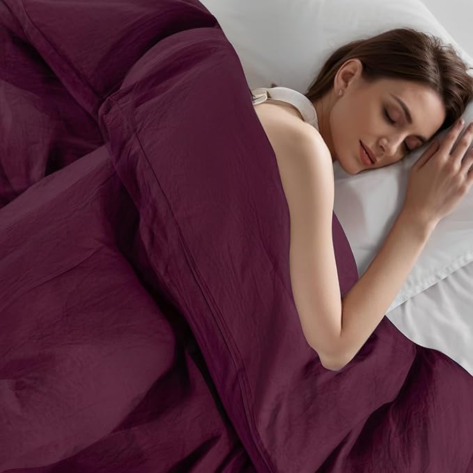 NEXHOME PRO 100% Washed Cotton Duvet Cover King Size, Ogranic Natural Linen Feel Breathable Bedding Set with Zipper Closure, 3 Pieces Duvet Cover Set Wine (No Comfortert) 10490
