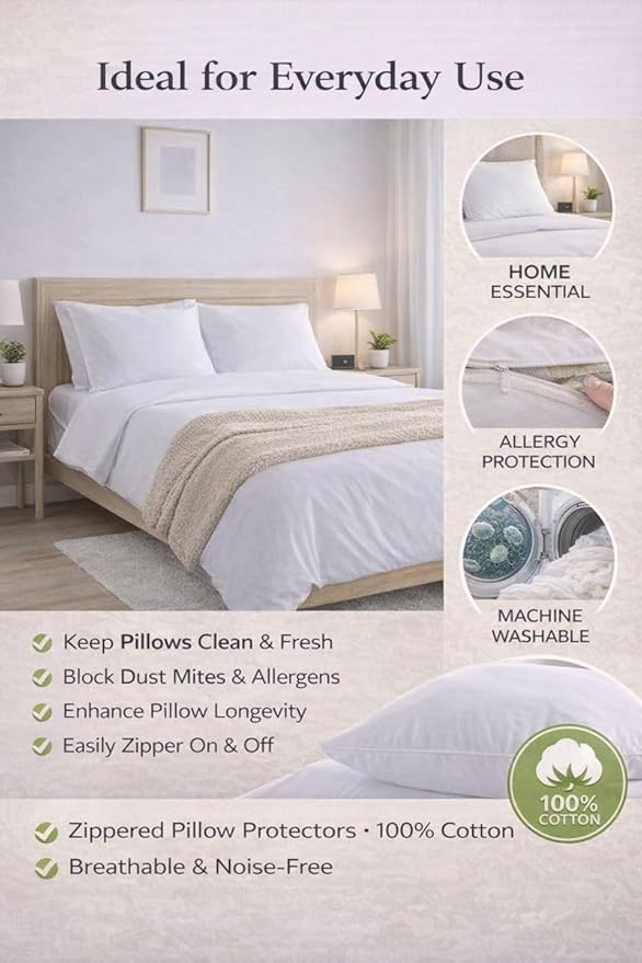 Zippered Cotton Pillow Protectors – 100% Breathable Percale, Non-Quilted Pillow Encasements, Dust & Allergen Barrier, Machine Washable – Standard 20×26, 12 Pack
