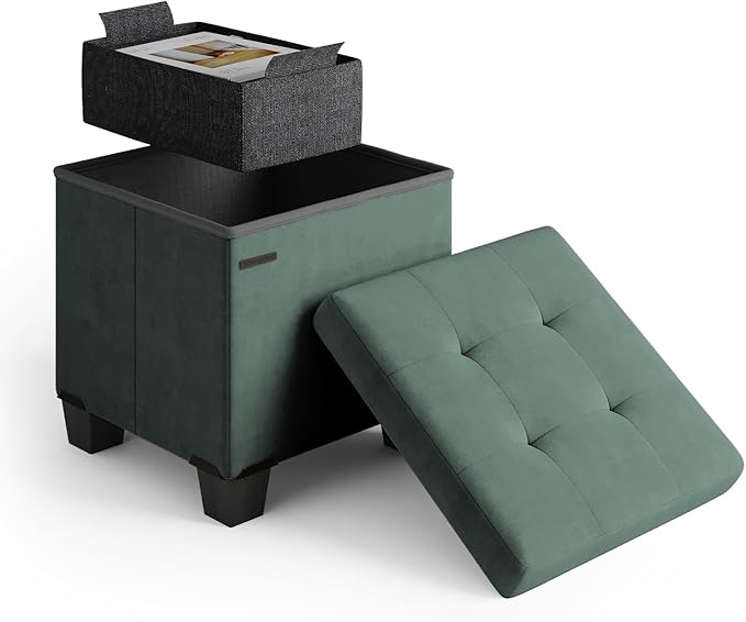 Storage Ottoman Cube with Small Bin, 15-in Square Ottoman with Storage for Living Room and Bedroom, Small Ottomans Foot Rest, Velvet Foot Stools Ottomans Max 330lbs, Green
