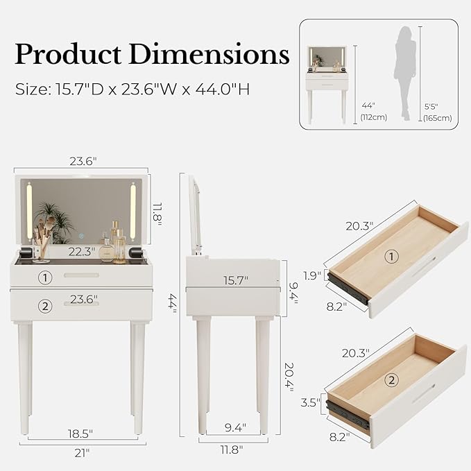 Muwuele Solid Wood Small Vanity Desk with Mirror and Lights, Narrow Makeup Vanity for Small Space, Flip Top Vanity Side Table, 3 Color Modes & Adjustable Brightness, 23.6" Slim Dressing Table, White