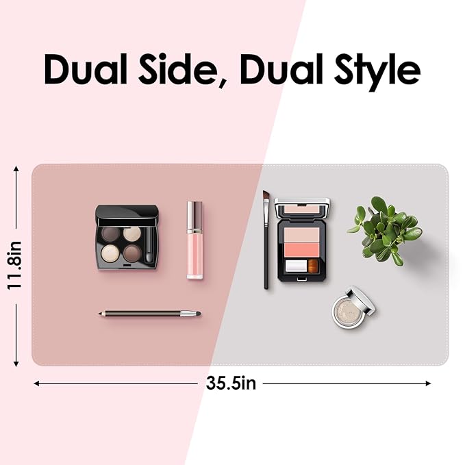 Makeup Mat for Vanity to Protect Desk Top 35.4 x 11.8 in, Dual-Sided Makeup Mat, Easy to Clean Desk Pad - Waterproof and Oilproof Vanity Accessories (Pink and Silver)