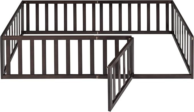 Bellemave Twin Size Montessori Floor Bed with 21.7" High Rails, Pine,Plywood Floor Bed with Small Door, Walnut