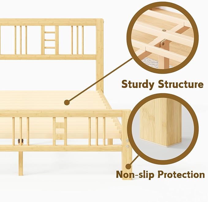 14 Inch High Bamboo Full Size Bed Frame with Headboard and Footboard, Wood Full Bed Frame No Box Spring Needed Heavy Duty, Metal Slat Support, Easy Assembly, Noise Free, Reinforced
