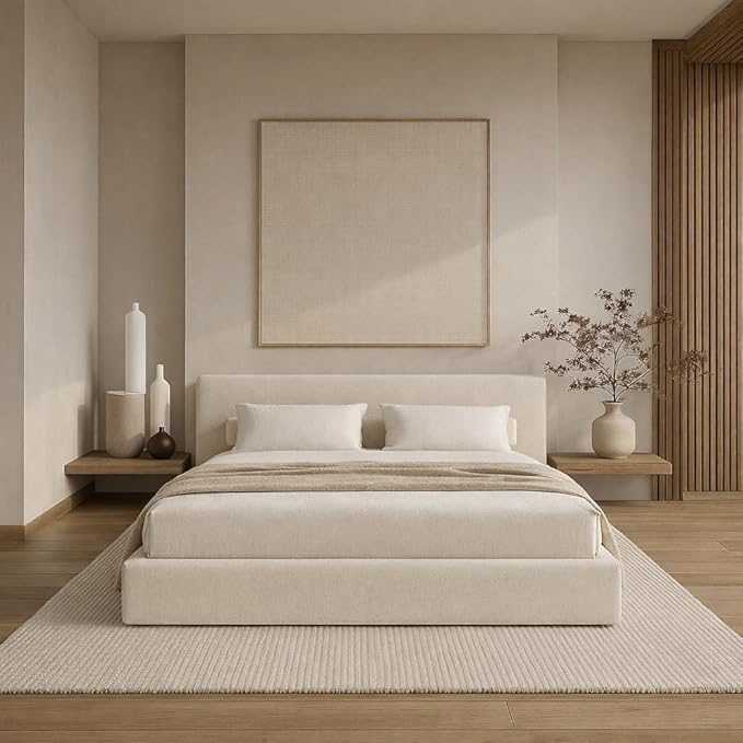 Square Bed – Washable Cover - Soft Upholstered Linen - Minimalist Modern - Sold Separately (Cream Linen, King Headboard)