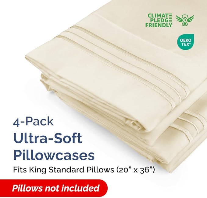 King Standard Pillow Cases Set of 4 - Soft Hotel Quality Pillowcase Covers - Comfy Bedding for Women, Men, Kids & Teens - Machine Washable Pillow Protectors - 4 Piece - King Standard Size Off White