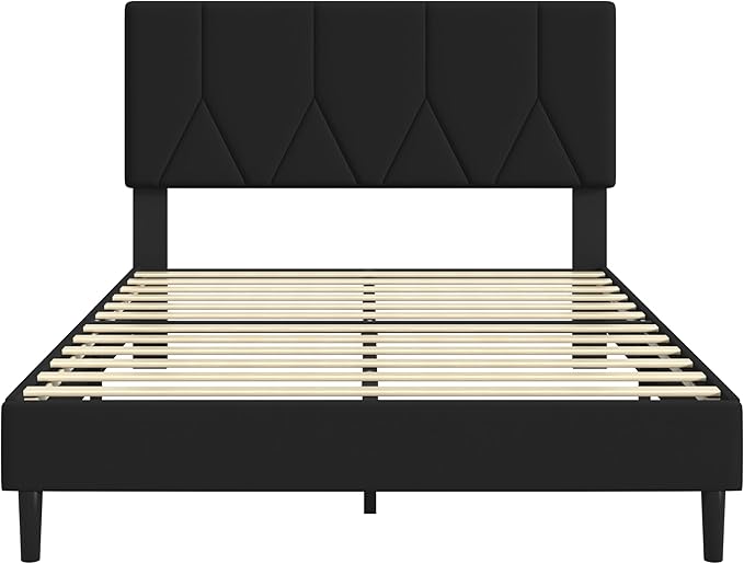 Full Bed Frame, Padded Platform Bed Frame with Velvet Headboard, Vertical Quilted Design, Sturdy Slatted Mattress Base, No Spring Mattress Required, Easy to Assemble, Black