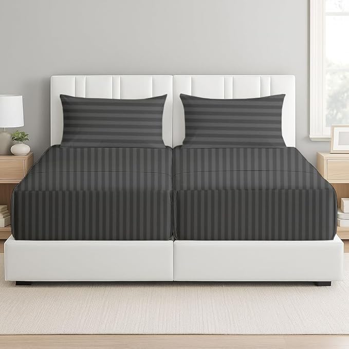 5 Piece Split Queen Sheet Set, 100% Egyptian Cotton, 16 Inch Deep Pockets, Dark Grey Stripe, Soft Cooling Sheets for Adjustable Beds, Sleep Number Beds, Split Queen Mattress Sheet Set