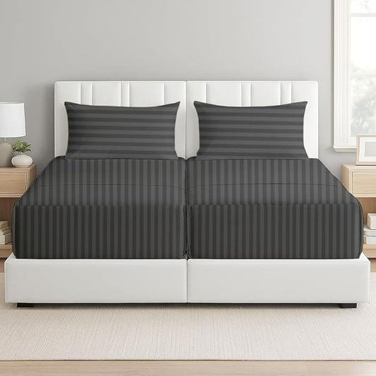 5 Piece Split Queen Sheet Set, 100% Egyptian Cotton, 16 Inch Deep Pockets, Dark Grey Stripe, Soft Cooling Sheets for Adjustable Beds, Sleep Number Beds, Split Queen Mattress Sheet Set
