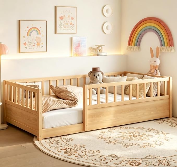 Bellemave Twin Floor Bed with high Fence, Solid Pine Wood Montessori Bed for Kids Girls Boys Floor Bed Frame,Natural with slats