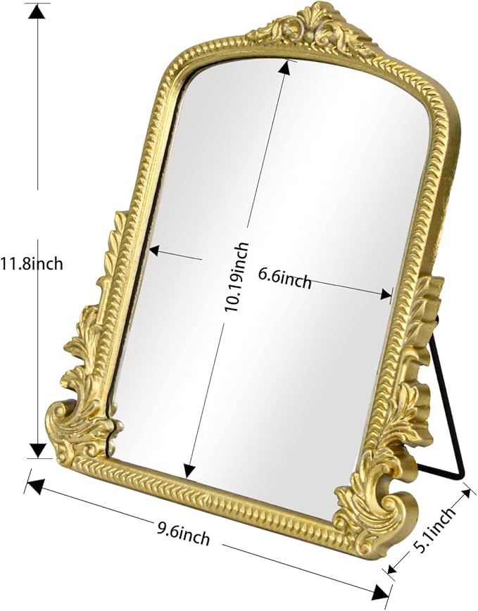 HSDDHOME Champagne Gold Vintage Vanity Mirror,Small Decorative Table Top Mirror,Baroque Arched Makeup Desk Mirror Wood Frame Free Standing,for Dresser,Bedroom,Living-Room Countertop 11.8" x 9.6"