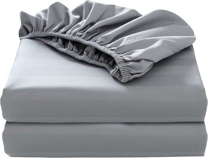 2-Pack Pure Cotton Fitted Sheet Full Size, 600 Thread Count 16" Deep Pocket Egyptian Cotton Fitted Sheet (2pcs, Full, Stripted Gray)