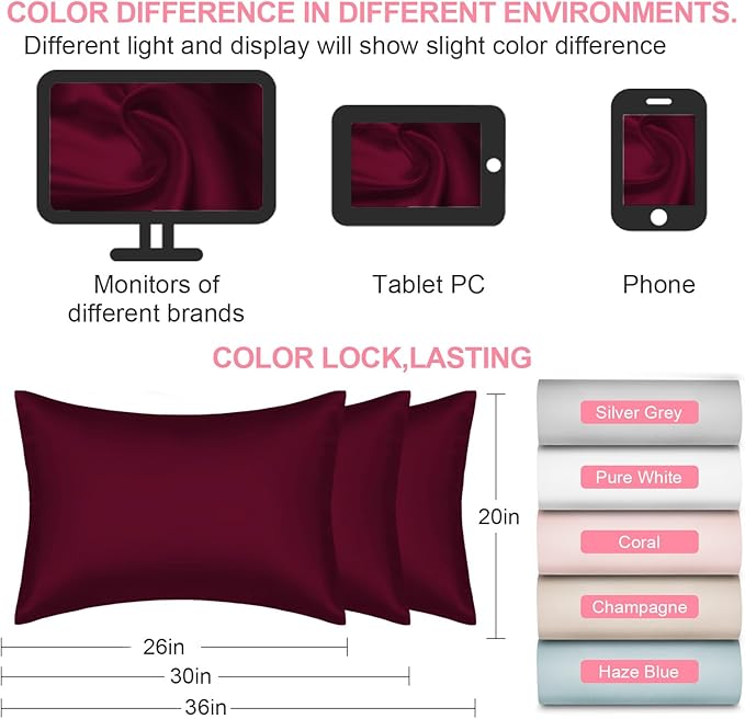 Silk Pillow Cases 2 Pack King Size with Hidden Zipper, Mulberry Silk Pillowcase for Hair and Skin, Smooth and Soft Breathable Cooling Silk Satin Pillowcase Set of 2, Gifts for Women，Burgundy Red