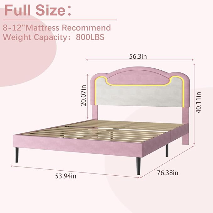 Garvee Full Size Upholstered Bed Frame with LED Lights & Fabric Headboard, Princess Platform Bed for Girls with Wood Slats, No Box Spring Needed (Pink White)