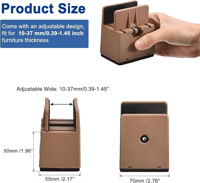 uxcell 2 inch Bed Risers with Adjustable Screw Clamp, 4Pcs Furniture Risers for Bed, Desk, Sofa, Table, Fit for Furniture Thickness 0.39-1.45", Supports 5000 Pounds, Brown