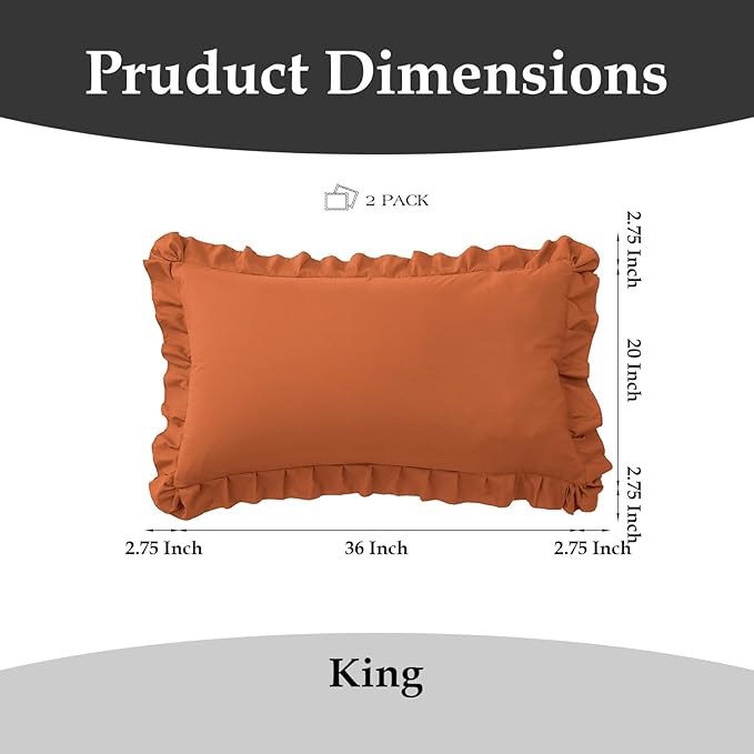 Ruffle Pillow Cases King Size Set of 2 – Soft Wrinkle Resistant Brushed Microfiber Ruffled Pillowcases –Envelope Pillow Shams Cover Festive Gift for Hotels, Guest Rooms 20x36 Inch (Tangerine)