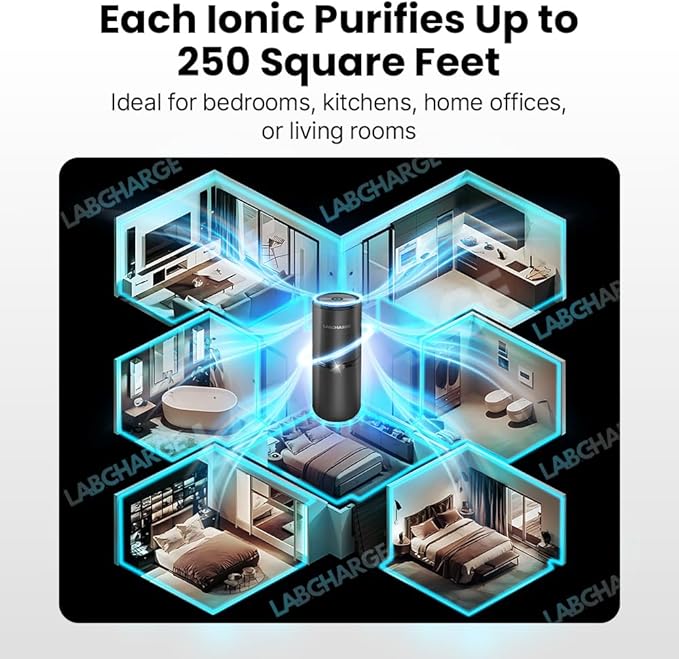 Lab Charge Small Ionic Air Purifier for Home & Bedroom – Silent HEPA Filter – Covers 250 Sq Ft - Free Cleaner for Pets, Hair, Smoke, Dust, Odors & Dander – Compact & Black Design - Pack of 2