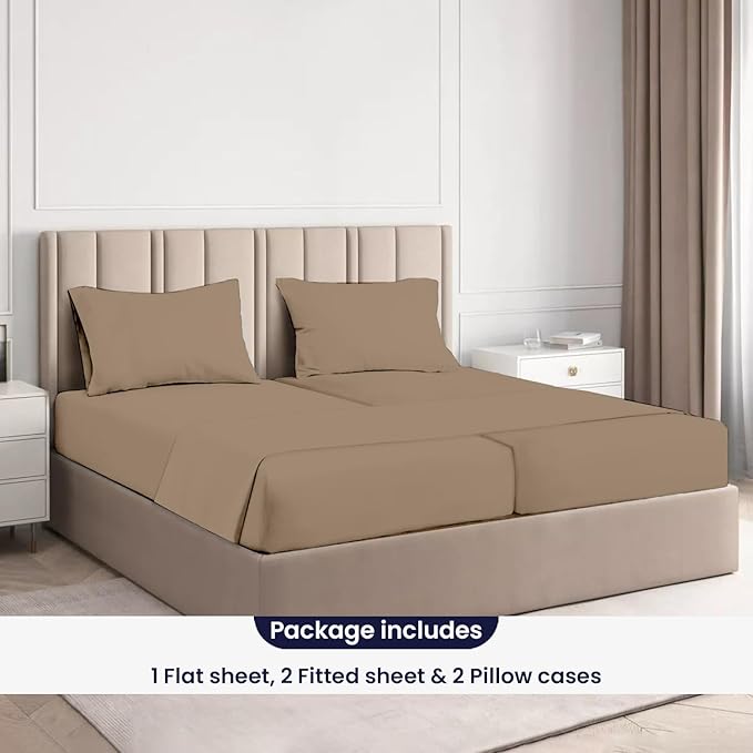 SGI Split King Sheet Set for Adjustable Bed Egyptian Premium Cotton 600 Thread Count Sheets for Sleep Number Bed 15" Deep Pocket 5 Pc Set with 2 Twin XL Fitted Sheets Soft Breathable -Taupe