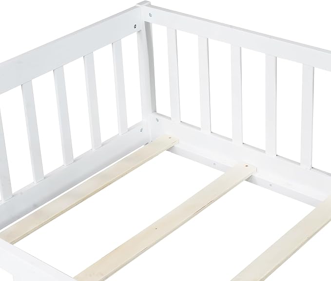 Bellemave Twin Floor Bed with Slats and Door, Twin Size Montessori Floor Bed with Fence and Door, Easy Assemble Montessori Beds Frame for Girls, Boys, White