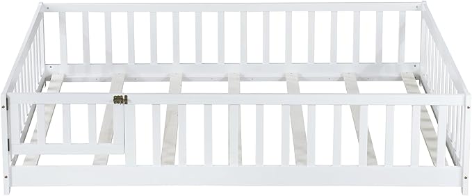 Bellemave Full Size Montessori Floor Bed Frame with Rails & Door, Solid Wood Kids Floor Bed Full with Removable Slats, Low Profile Montessori Bed for Children’s Sleep & Play, White