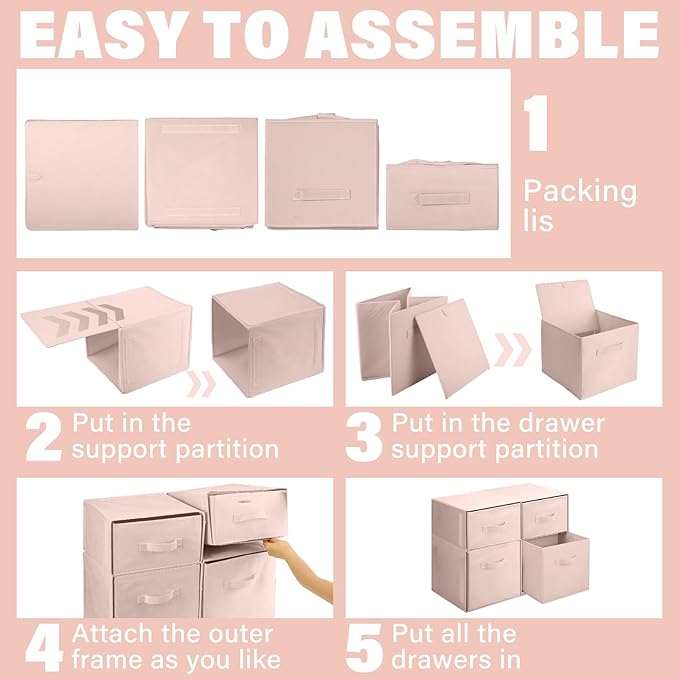Weysat 4 Cube Stackable Under Dorm Bed Storage Container Foldable Closet Drawer Organizer Fabric Storage Cube Bins for Dorm Essentials College Closet Bedroom Living Room Nursery(Pink,18.5 Inch)