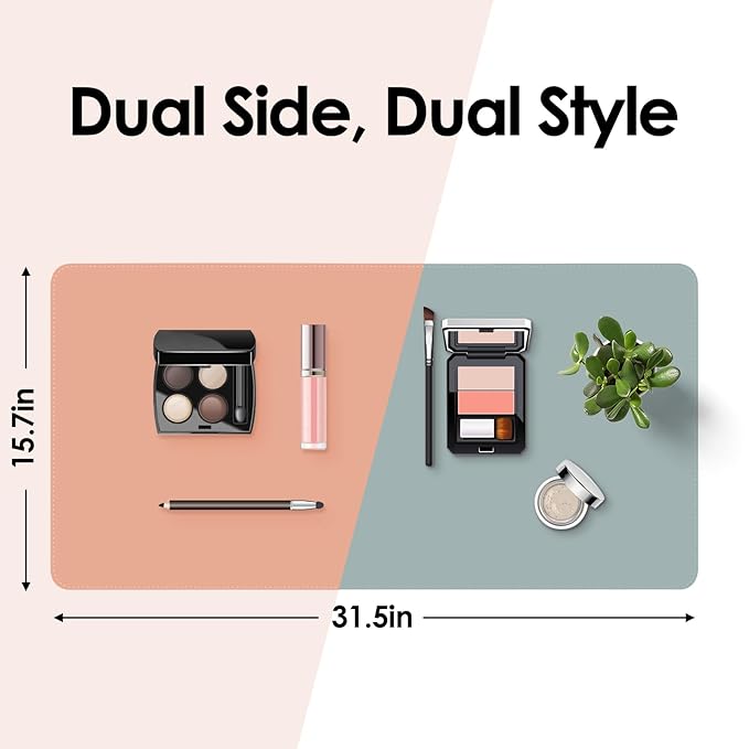Makeup Mat for Vanity to Protect Desk Top 31.5 x 15.7 in, Dual-Sided Makeup Mat, Easy to Clean Desk Pad - Waterproof and Oilproof Vanity Accessories (Peach and Grey)