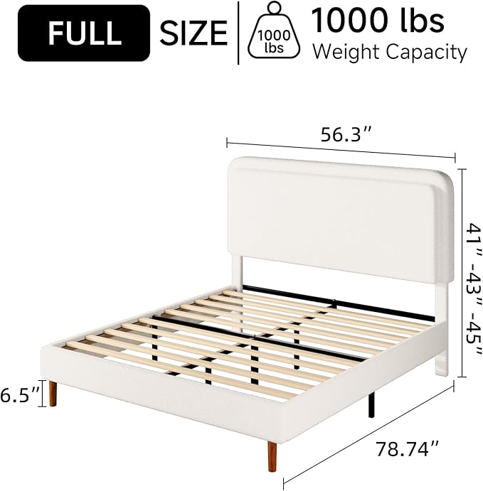 Full Size Boucle Platform Bed Frame with Adjustable Headboard, Upholstered Cloud Bed, Solid Wooden Legs, No Box Spring Needed, Easy Assembly, White