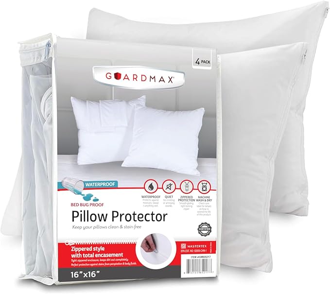 Guardmax Jersey Knitted Throw Pillow Protector with Zipper - 4 Pack -100% Waterproof, Bed Bug Proof, Dust Mite Proof, & Hypoallergenic Pillow Covers - Premium Zippered Pillow Cases. (16 X 16)