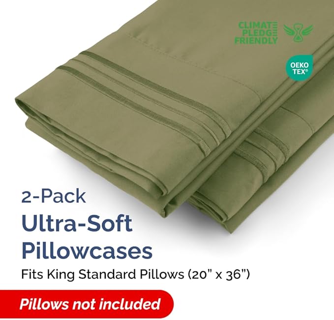 King Standard Pillow Cases Set of 2 - Soft Hotel Quality Pillowcase Covers - Comfy, Cozy & Fade Free - Wrinkle Resistant - Machine Washable Pillow Protectors - 2 Piece Set - King Standard Sage Green