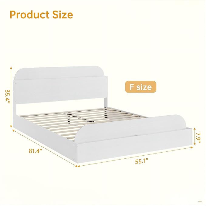 Garvee Full Size Bed Frame with Storage Headboard and Raised Footboard – Wooden Full-Floor Low Platform Bed for Bedroom, Heavy Duty & Noise Free, No Box Spring Needed, White