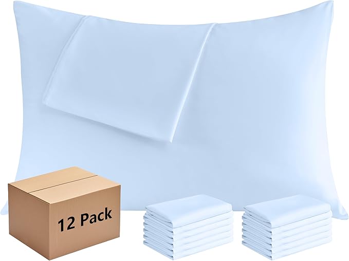 Pillowcases Standard 12 Pack, 20x26 Pillow Cases with Envelope Closure, Soft Plain Brushed Microfiber Covers Breathable Wrinkle-Resistant, Light Blue