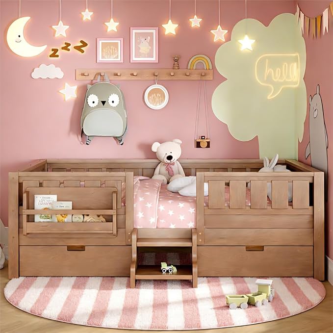 Bellemave Twin Bed with Storage Drawers & Bookshelf, Low Profile Kids Bed Frame with Staircase & Full Length Guardrails, Wood Twin Bed for Kids with Slats Load 300LBS, Easy Assembly, Oak Brown