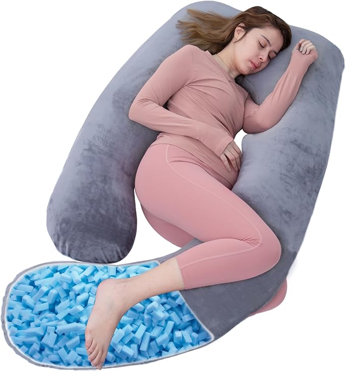 Shredded Memory Foam Body Pillow, Pregnancy Pillows for Sleeping, Maternity Pillow for Pregnant Women, Memory Foam Filling U Shaped Body Pillow with Velvet Cover (Velvet Gray, 60 inch)