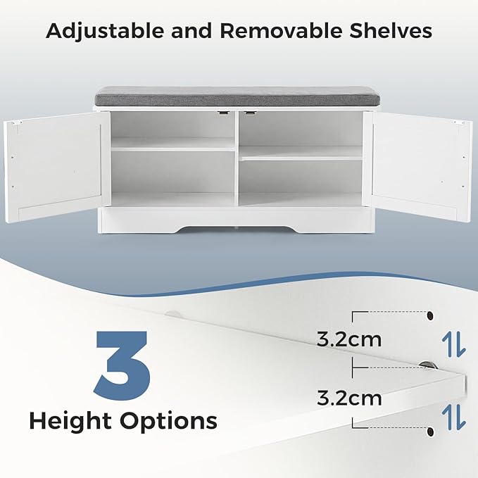 DUMOS Storage Bench, Shoe Organizer Cabinet with Thickened Padded Seat Cushion, Entryway Bench with 2 Doors & Adjustable Shelf for Hallway, Bedroom, Living Room, 39 inch, White