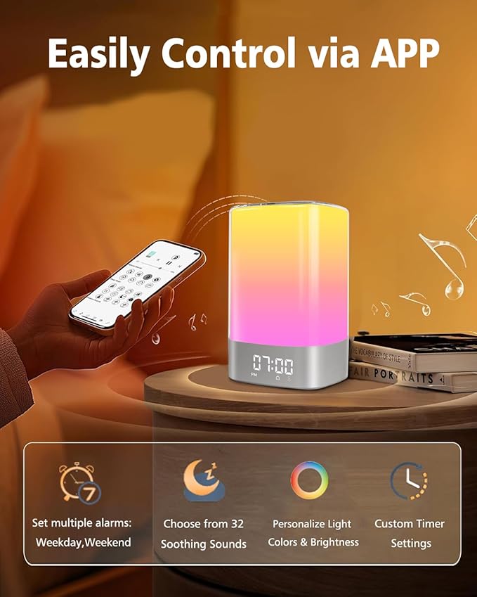 Sound Machine Alarm Clocks for Bedroom with 32 Soothing Sounds, White Noise Machine for Baby & Adults Sleep,Bluetooth Speaker & Night Light for kids,App Control,Timer, Gift for Teens,Girls,Boys,Women